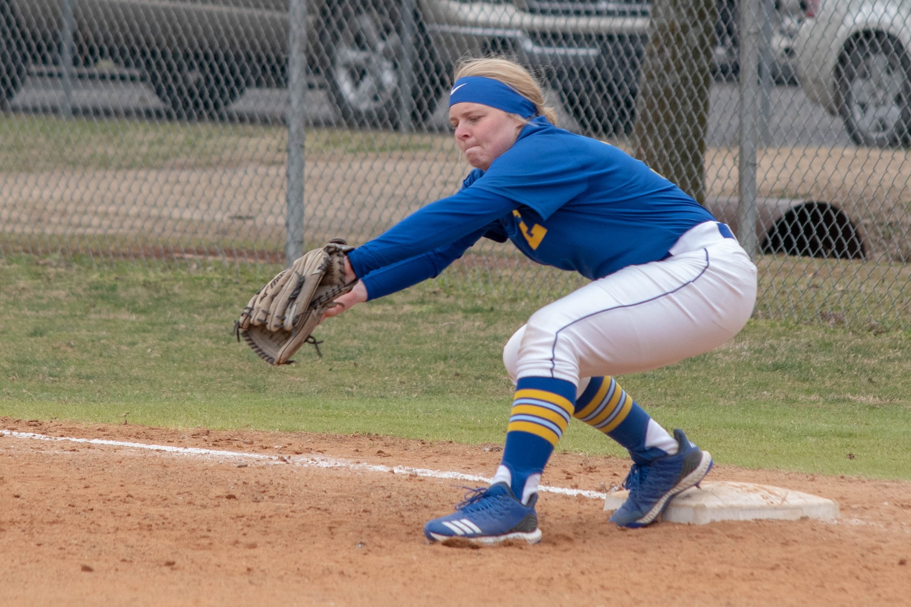 Cailee Hendrick makes a catch for an out at first base in a game earlier this season.