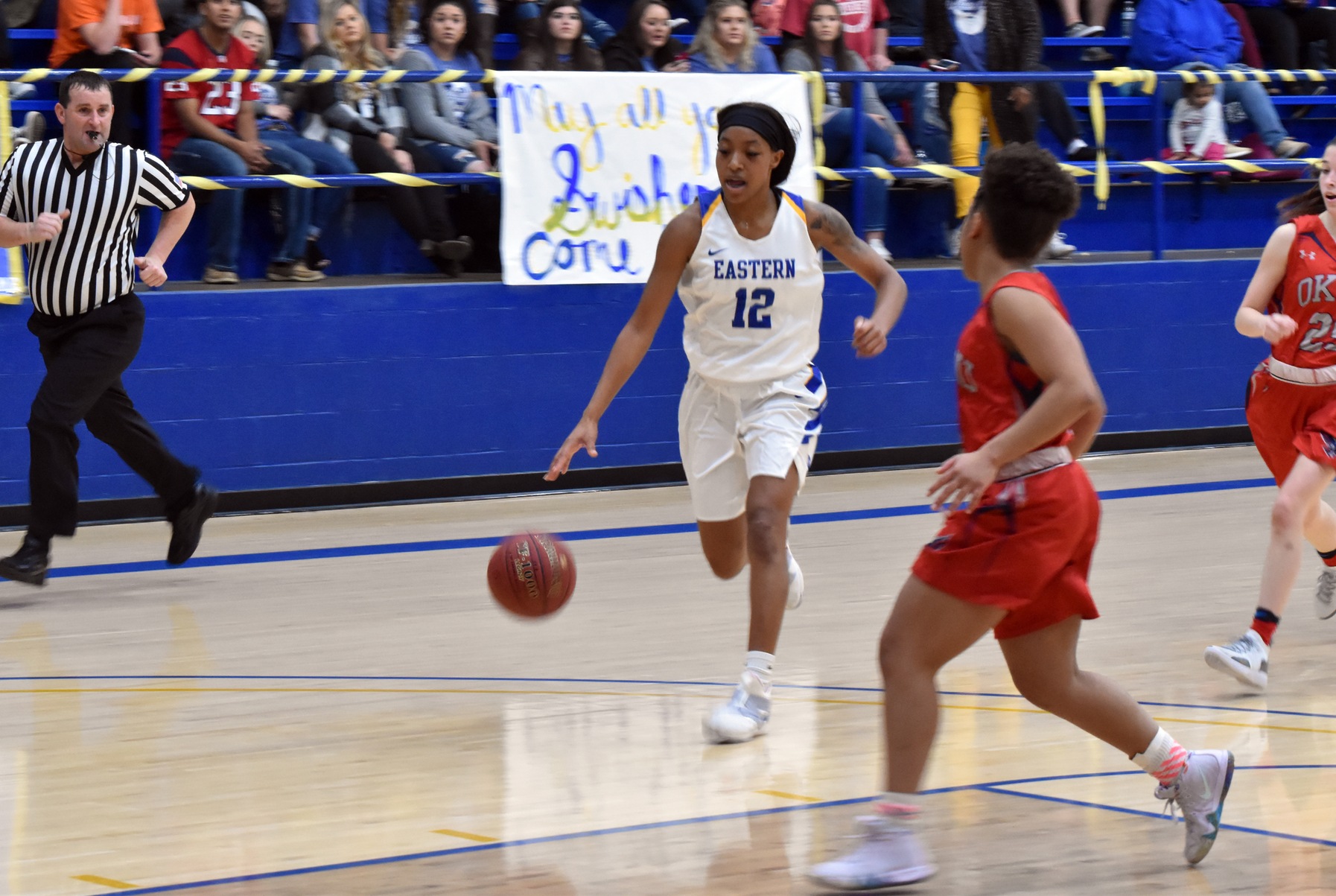 Freshman Raven Johnson drives to the basket against Oklahoma Wesleyan University earlier in the season.